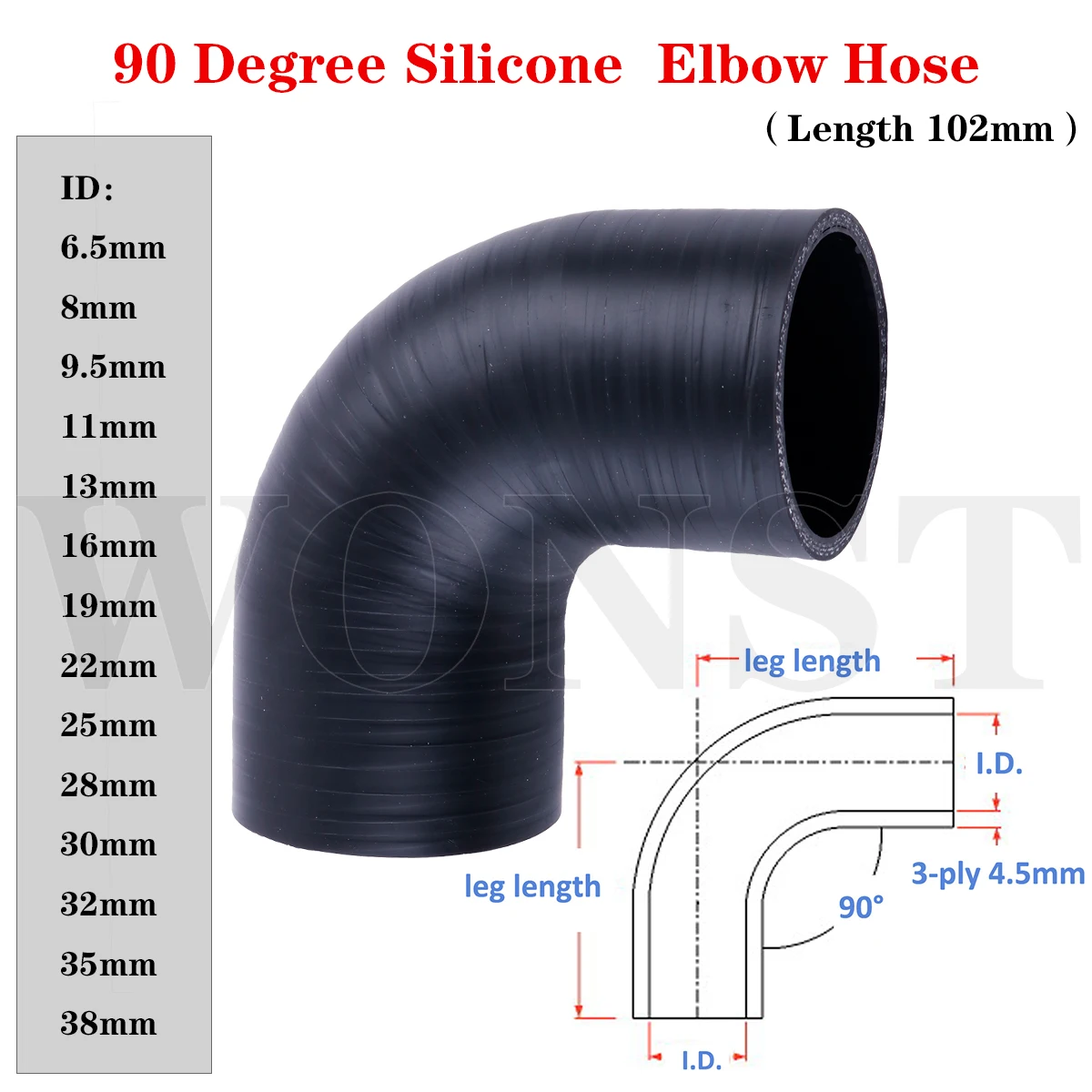 

3 ply 102mm Length 90 Degree Elbow Silicone Hose ID 6.5 8 9.5 11 13 16 19 22 25 28 30 32 35 38mm