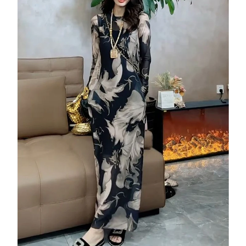 Summer New Round Neck Fashion Long Sleeve Maxi Dress Women High Street Casual Printing Dresses Elegant Sheer Ventilate Vestidos