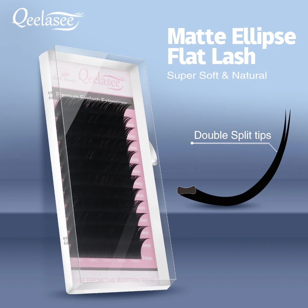 Qeelasee-extensión de pestañas planas mate, puntas divididas, pestañas individuales de visón, suministros de pestañas elipse de Cachemira, venta al por mayor