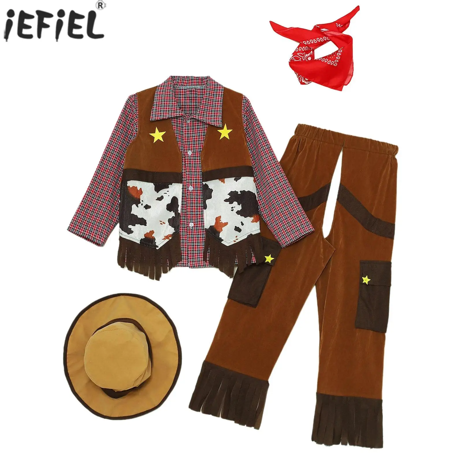 

Child Boys Western Cowboy Costume Halloween Cosplay Carnival Party Fancy Dress Up Gingham Shirt Print Vest Pants Hat Bandana Set