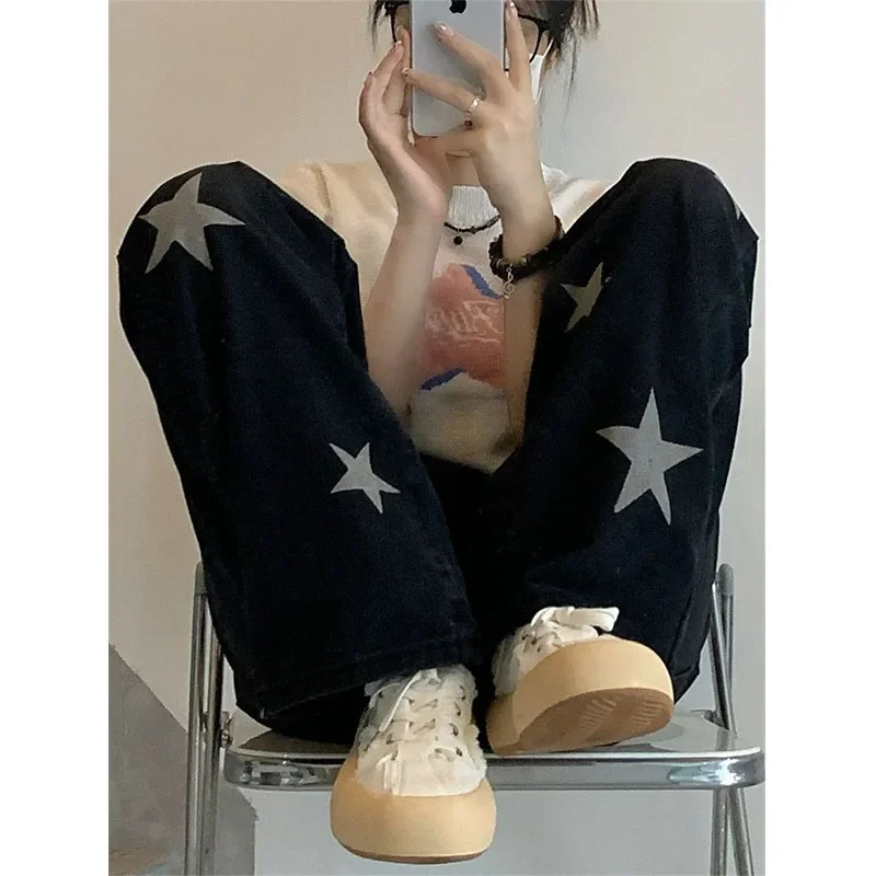 American Retro Star Print Jeans Women High Waist Slim Straight Wide Leg Trousers Button Zipper Pockets Trendy Loose Casual Pants