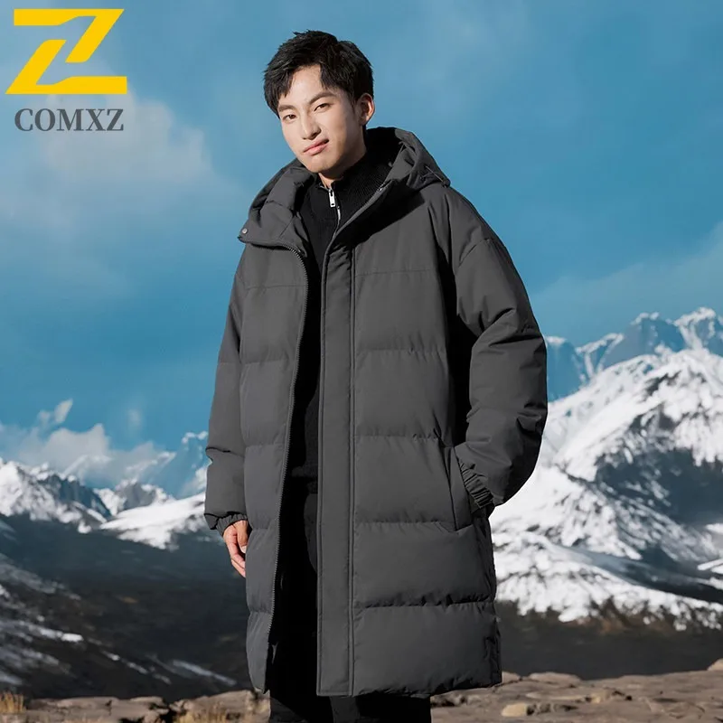 COMXZ 2025 Casaco masculino de algodão longo com capuz e bloco colorido inverno na altura do joelho grosso quente patchwork casaco leve