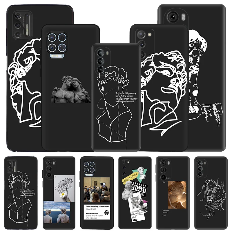 Soft Phone Cases For Motorola G53 G73 G9 G50 G51 G60 G71 G22 G32 G52 G72 Edge40 20 30 David Mona Lisa Line Art Black Matte Cover