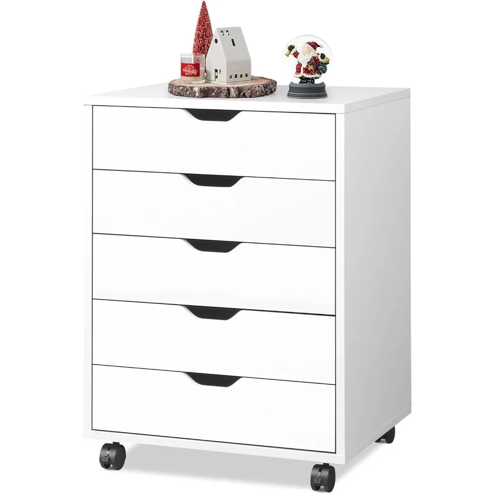 

White 5-Drawer Chest Rolling Wood Storage File Cabinet with Wheels Mobile Organizer