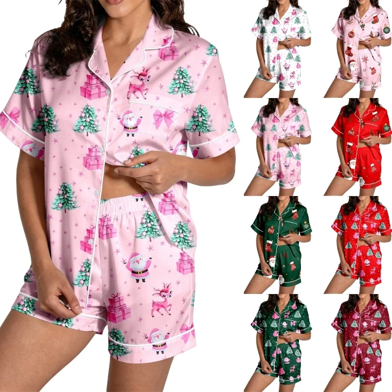 Women's pajama set button-down pajama set collared top paired with shorts adorable loungewear set Y1AC