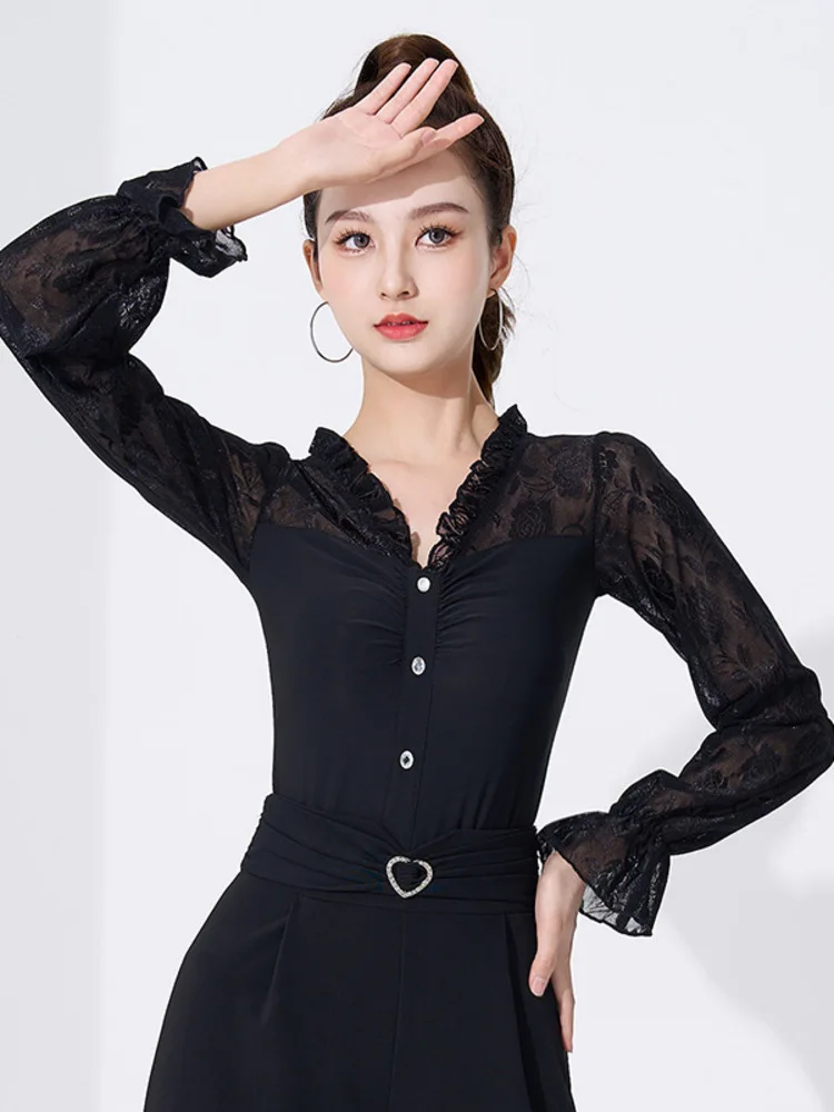 

Solid Color Latin Dance Practice Long Sleeves Tops for Prom Line Costume Jazz Lace Patchwork Competition Classical Samba Rompers