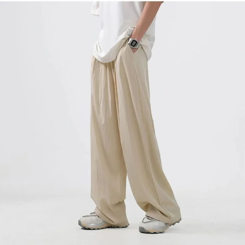 Casual Pants Man Pocket Grey Wide Thin Trousers For Men Cooling Straight Cool Ice Silk Summer Baggy Loose Long Aesthetic Hot Y2k