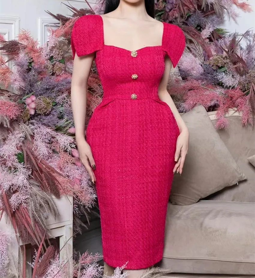 New Spring Rose Red Plaid Tweed Bodycon Midi Dress High Quality Fashion Women Square Collar Diamonds Buttons Pencil Party Dress