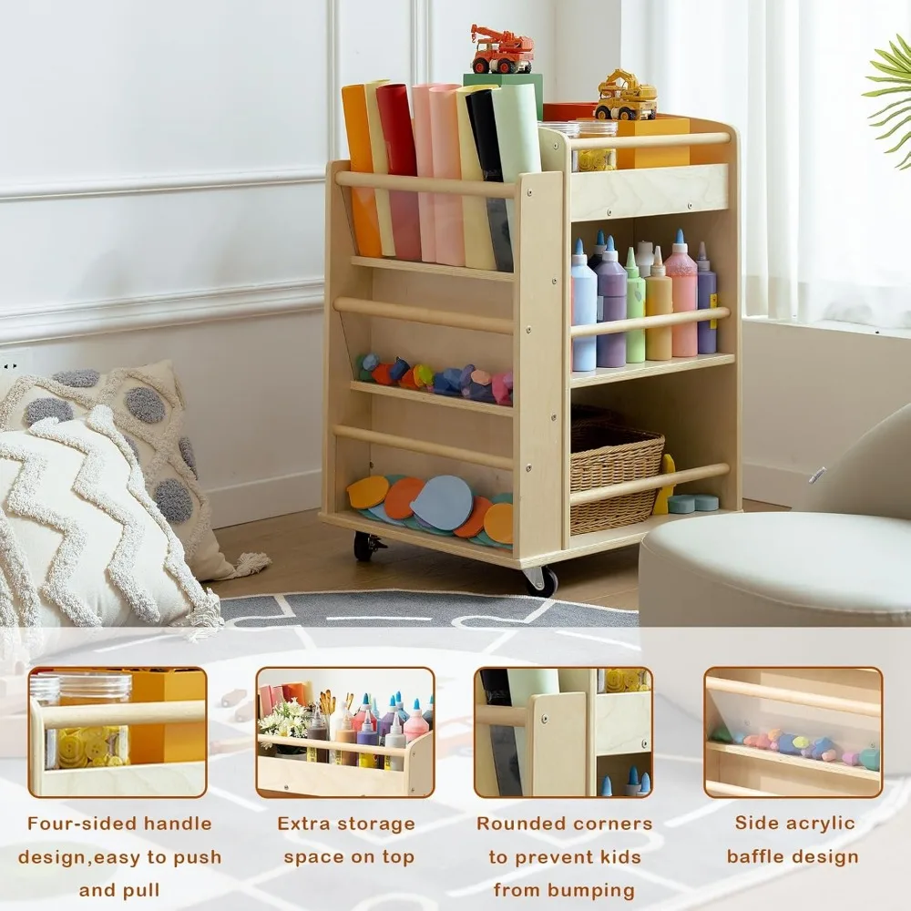عربة فنية متنقلة متعددة الطبقات للأطفال - مساحة تخزين مصنوعة من خشب البتولا بعجلات