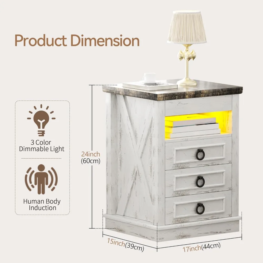 Farmhouse Nightstand with Gun Drawer Set of 2, Human Sensor LED Bedside Table with LED Lights & Charging Station