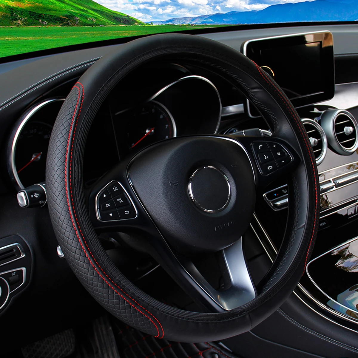 A leather embossed stereo massage car without inner ring steering wheel cover fits 37-38cm14.5-15 inch car upholstery - Image 2