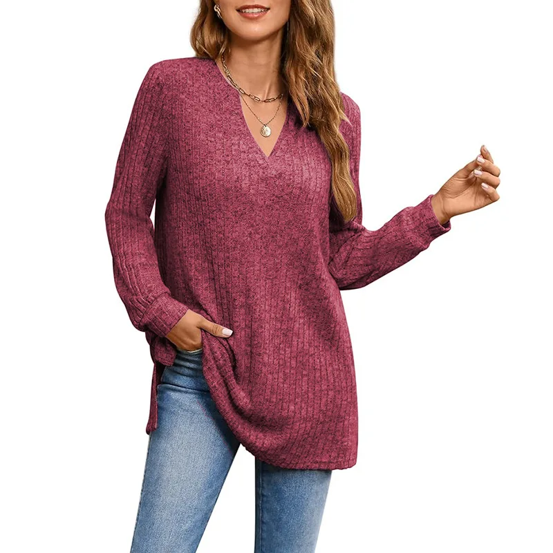 2024 Women\'s Spring Autumn Pullover V-Neck Comfort Stretch Solid Color Knitted Shirt Long Sleeved Side Split Loose Pockets Tops