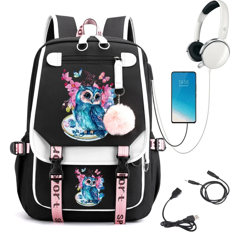 Watercolor Owl Flower Print School Backpack Bag Cute Cartoon School Bag for Student Teens Bookbag Anime Laptop Teenager Backpack