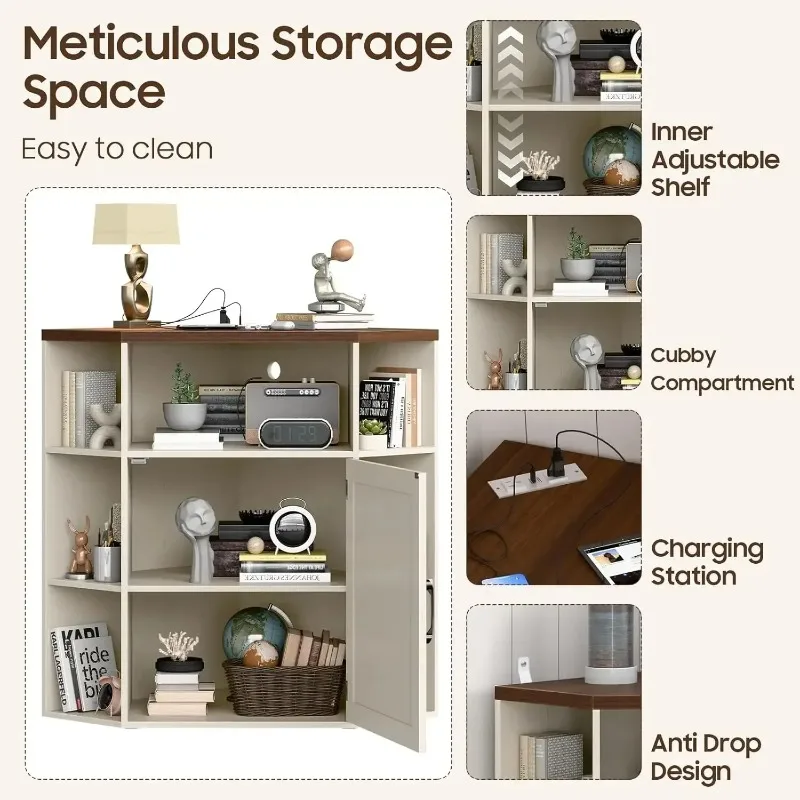 Corner Cabinet, Corner Storage Shelf with USB Ports and Outlets Industrial Organizer for Small Space W