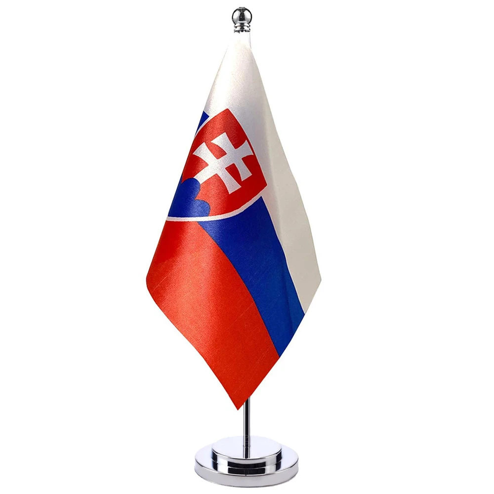 

14x21cm Mini Flag Of Slovak Banner Meeting Boardroom Table Desk Stand Stainless Steel Pole The Slovakia Flag National Design