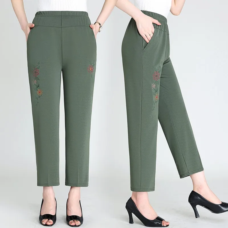 Large Size Women Pants Spring Summer Ice Silk Elastic Waist Female Trousers embroidery Middle Aged Mother Stretch Pants XL-8XL