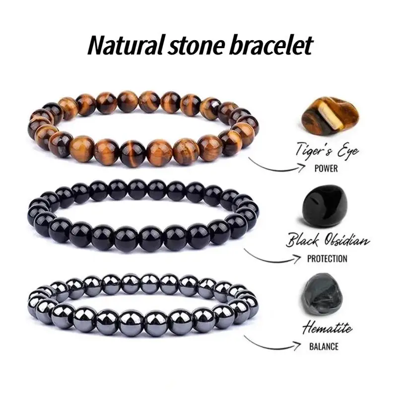 Bohemian Healing Crystal Bracelet 3 Pcs Set Tiger Eye Obsidian Hematite Adjustable Jewelry Gift for Women Men