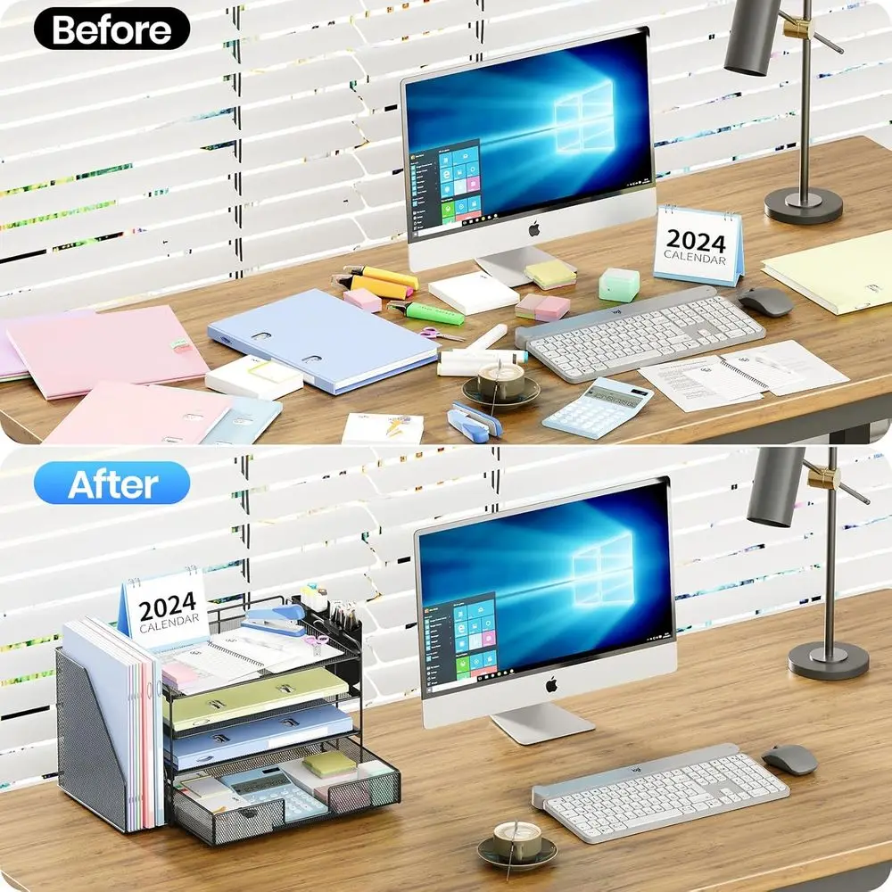 منظم المكتب والملحقات، منظم ملفات سطح المكتب من 4 طبقات مع درج وحاملين أقلام، ملحقات مكتب المكتب، منفذ الملفات
