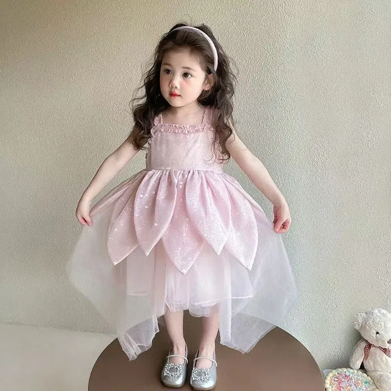 

2-7 Year Girls Korean Version Petal Vest Dress 2025 Summer New Fashionable Little Girl Fluffy Net Dress Princess Skirt 90-140cm