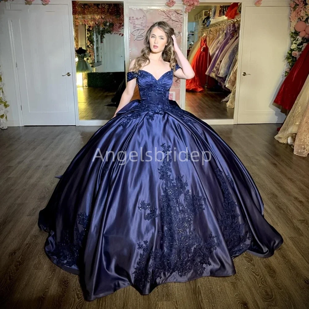 

Элегантное темно-синее Атласное Бальное Платье Angelsbridep, платья для Quinceanera с аппликацией и бисером, вечернее праздничное платье, платья