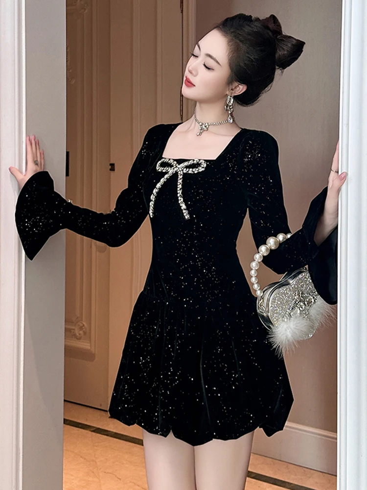 Mulheres roupas de noite retro preto brilhante sexy pescoço quadrado magro vestido curto elegante senhora festa baile aniversário outono inverno