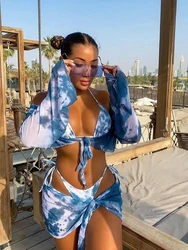 Peachtan Tie Dye Bikini 4-częściowy strój kąpielowy kobiety 2023 nowy niebieski zestaw Bikini długi rękaw strój kąpielowy okrycie letnie kostium kąpielowy panie