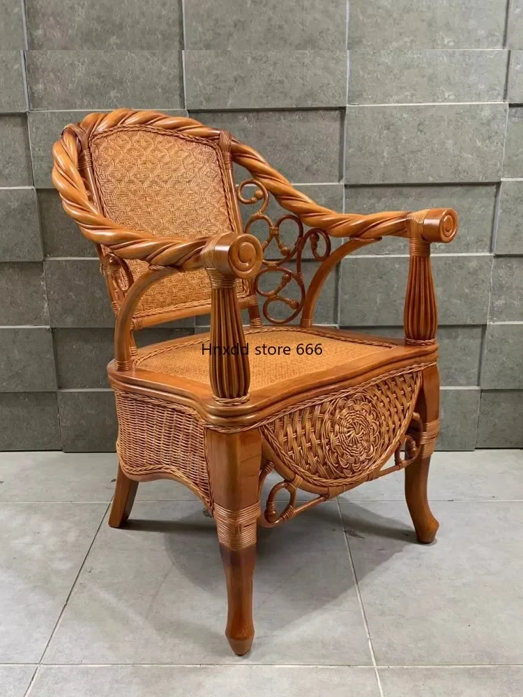 Solid wood rattan chair three-piece balcony elderly home high-end rattan high backrest single chair