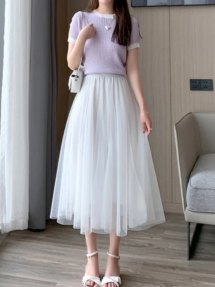 New Ladies Casual A-Line Long Skirt Fashion Summer Midi Skirt Women White Black Coffee High Waist ElasticFemale