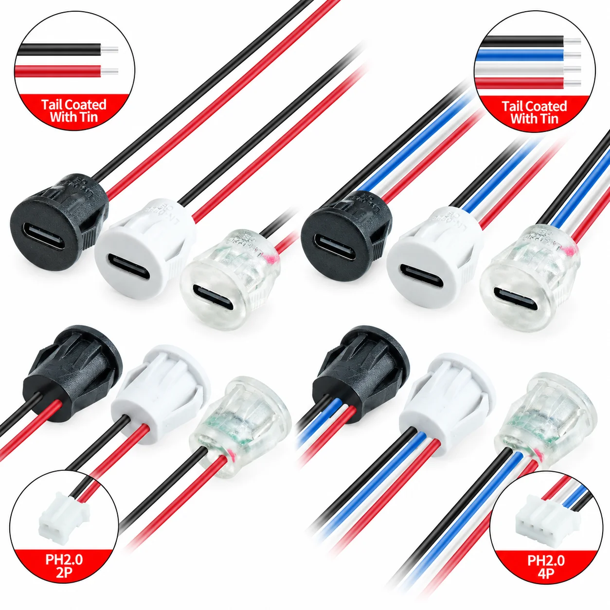 Round USB Type-C Female Panel Mount Socket 2Pin 4Pin PH2.0 Terminal Tinned Ends 3 Colors Snap-in Charging Jack for DIY Electroni