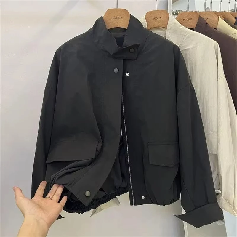 Korean Short Stand-up Collar Jacket Women's Loose Windbreaker Coat Spring Autumn Leisure Tooling Jacket Coat Female Overwear Top