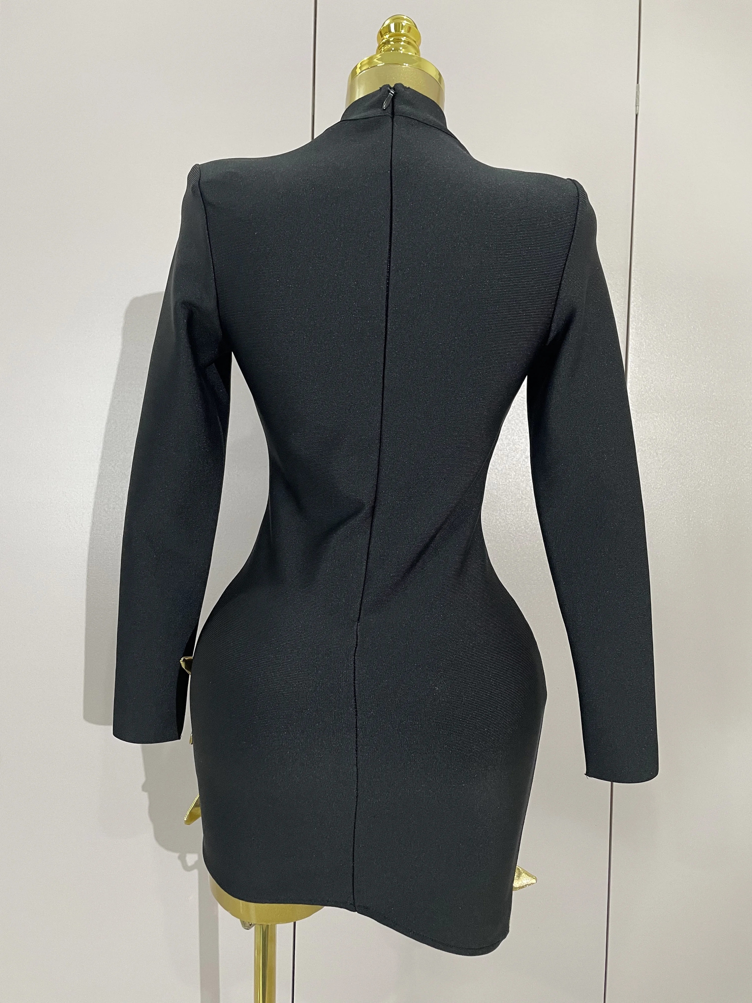 Sexy 3D Gold Flowers Black Cut Out Long Sleeves Bandage Mini Dress Women Elegant Celebrity Prom Luxury Birthday Party Dress