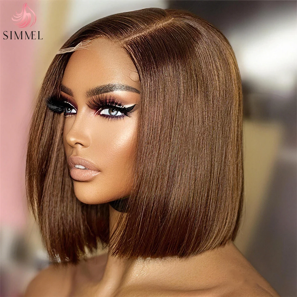 

#4 Chocolate Brown Short Bob Wig Human Hair 13X4x1 L Lace Front Wigs Pre Pluck Straight Blunt Cut Wigs for Women 8-16 INCH