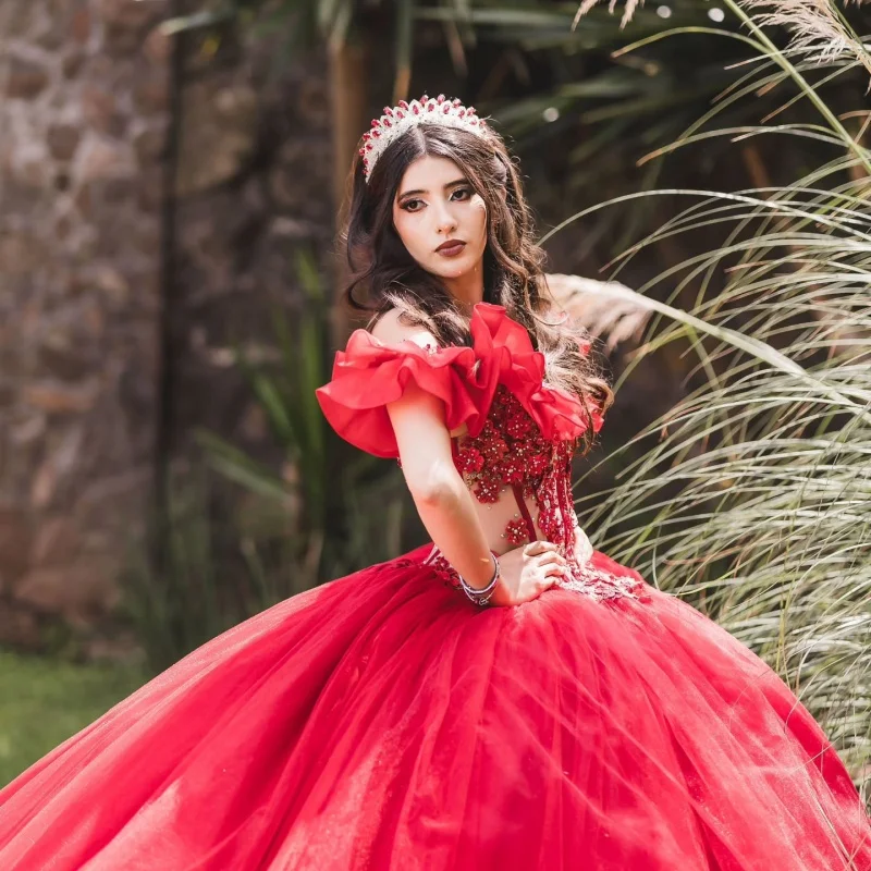 

Red Quinceanera Dress glitter flower Decal Long tail Lace layering Bow Vestidos De 15 Quinceanera ﻿Customize