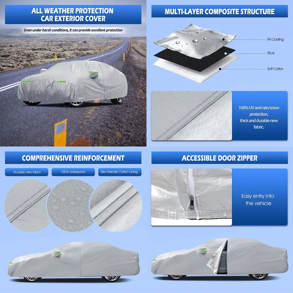 

Universal Car Cover for Sedans 2007-2025, Waterproof Exterior Protection with Door Zipper and Cotton Lining, Silver