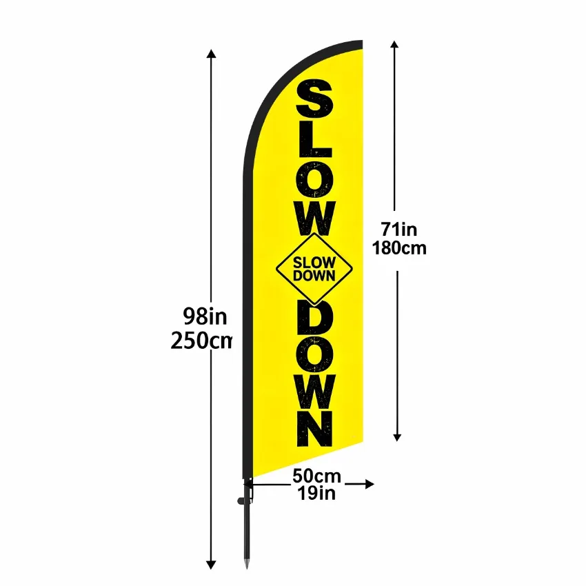 Slow Down Feather Flag 6.5FT Double Sided Polyester Warning Banner for Shop Entrance Roadside Reminder Display