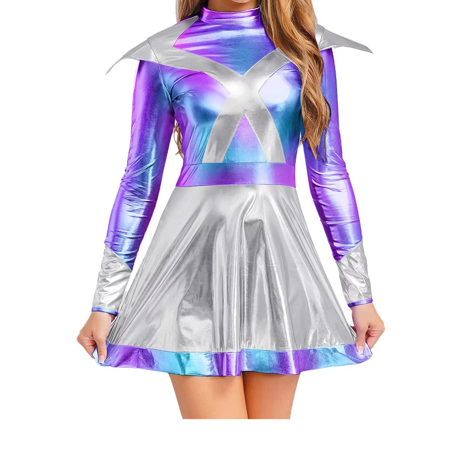 Women Galaxy Warrior Astronaut Fancy Dresses with Hair Hoop Roleplay Party Costumes Alien Robot Costume Outer Space Outfit