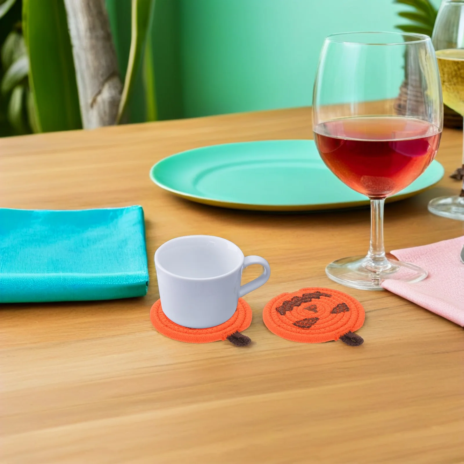 

4Pcs Halloween Pumpkin Cotton Rope Coasters Heat Insulated Drink Cup Mats Decorative Tableware Party Home Office