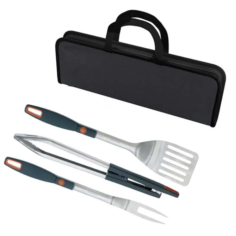 3Pcs BBQ Tool Set Spatula Fork Tongs With LED Light Portable Storage Bag For Outdoor Camping Grilling