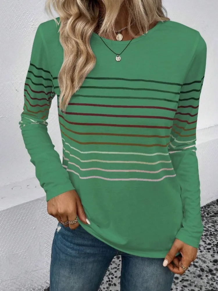 

Women T-shirt Long-Sleeved O-neck Casual Loose Simple Colorful Stripes Women's Shirts Clothing 2024 Autumn Winter Tees Pullovers