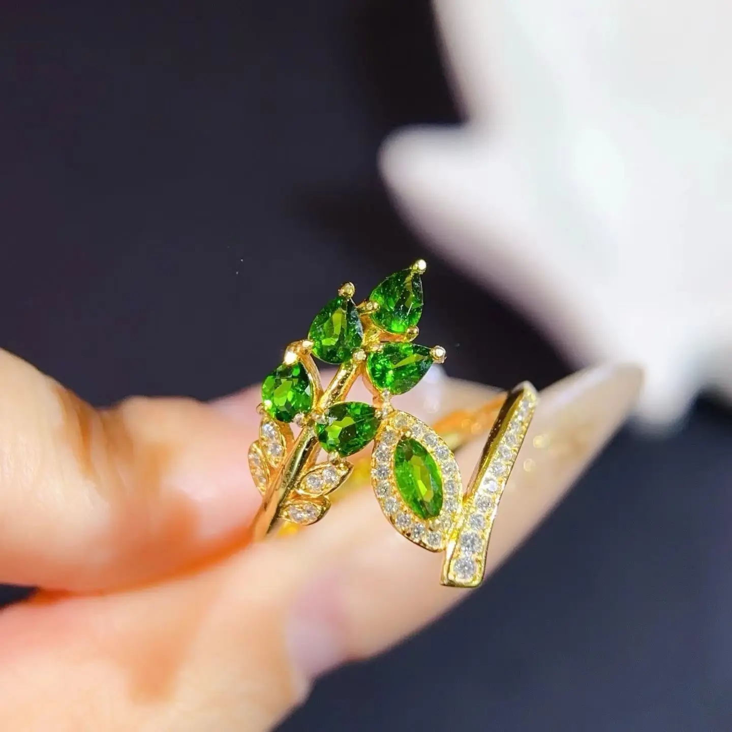 Exquisite 925 Silver Leaf Ring Natural Diopside Ring with Certificate Genuine Chrome Diopside Jewelry with 18K Gold Plating