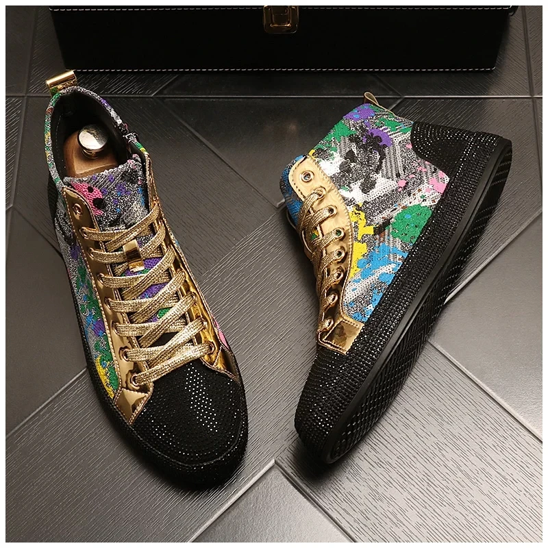 European fashion rhinestone sequin men's high top new network red shoes Korean version breathable high top board shoes view 2