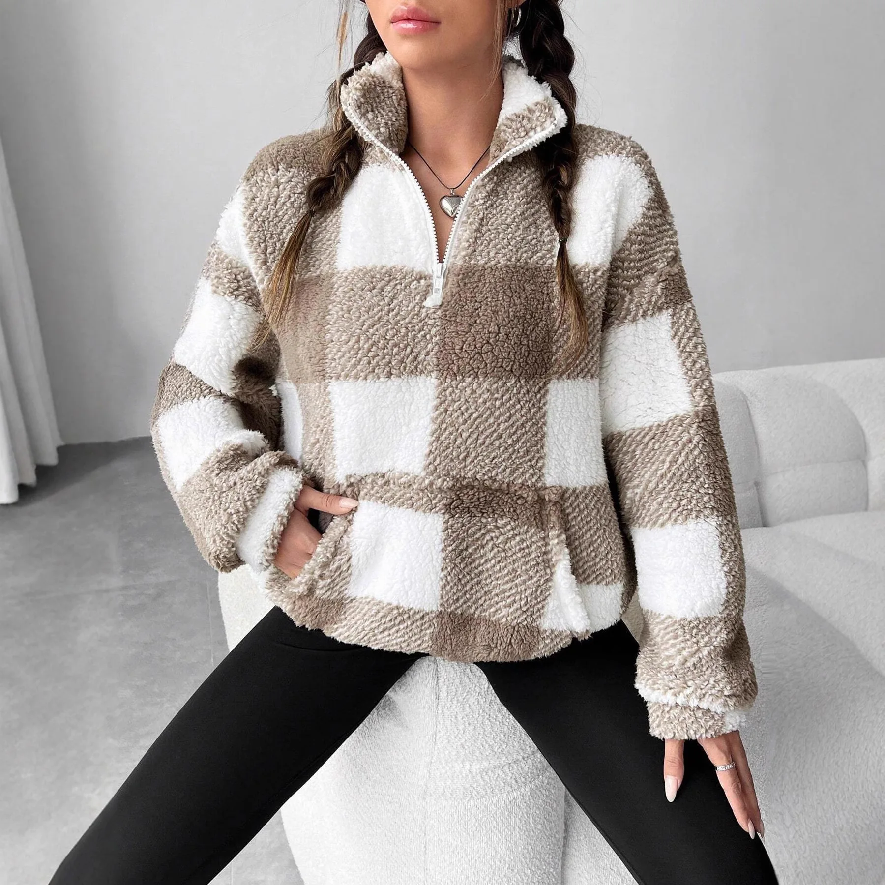 Women Double Fleece Plaid Cardigan Coat Plus Size Soft Color Block Plush Warm Zipper Hooded Jacket For Women Female Outerwear