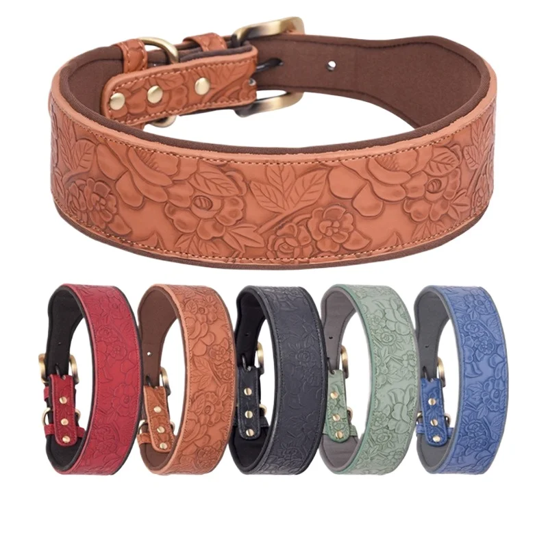 Dog Collar PU Leather Embossed Pet Collar Medium Large Space Cotton Dog Collar