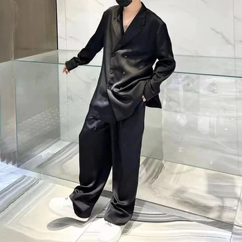 남성 캐주얼 정장 넓은 다리 바지 정장 가을 겨울 성별없는 패션 프랑스어 솔리드 컬러 우아한 투피스 세트 남여 새틴이 아님