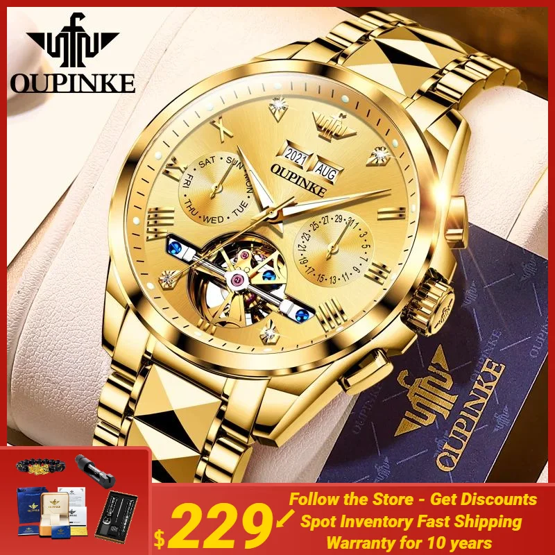 

OUPINKE Flywheel Automatic Mechanical Watch for Men Multifunctional Chronograph Tungsten steel Sapphire Mirror Wristwatch Man