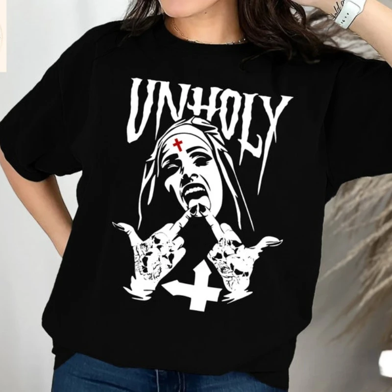 Satanic Nun Tattoos Unholy T-Shirt, Unholy Nun Satan Bad  Inverted Cross Shirt Man and Woman Gift  Fashion New Style Cotton