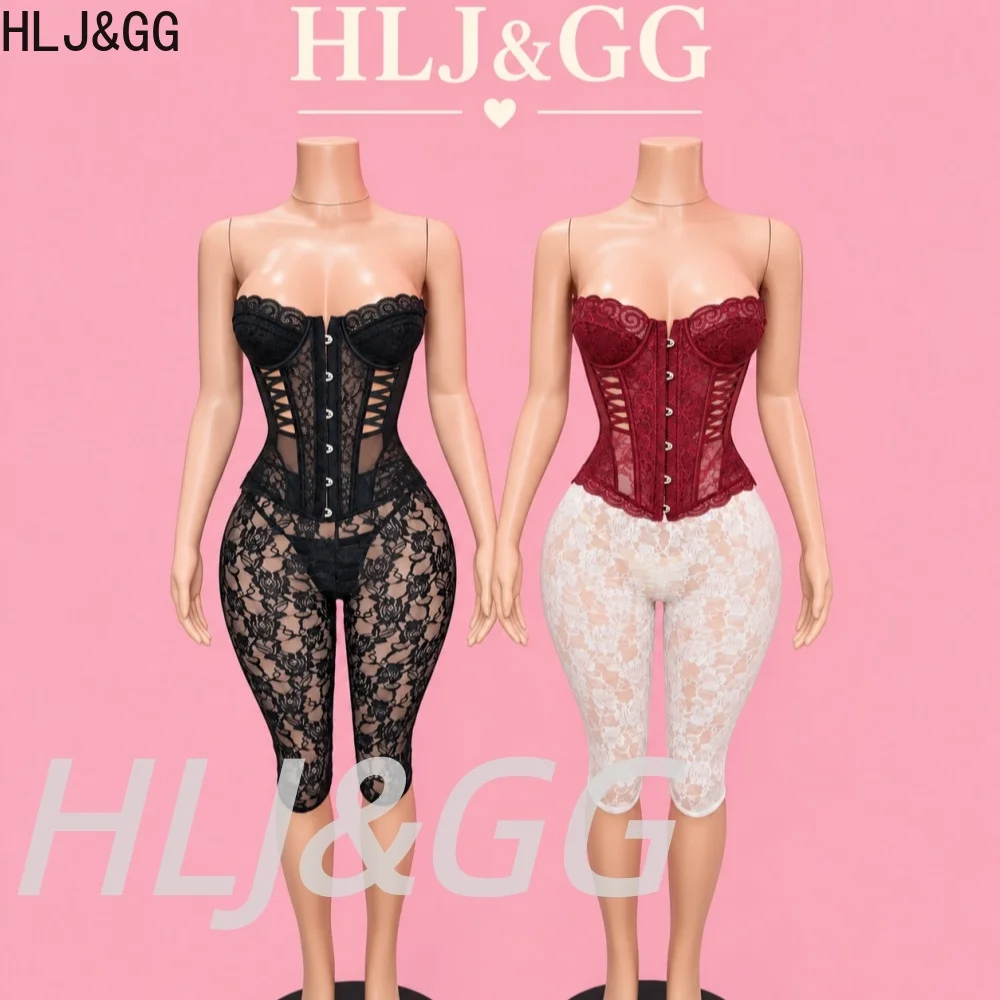 HLJ&GG Women's Strapless Floral Lace Corset Top Capri Pants 2 Piece Set Sexy Side Cut Out Sheer Slim Bodycon Clubwear Outfits