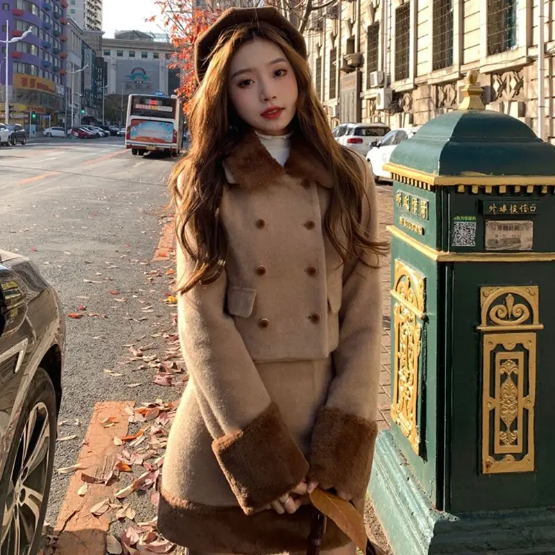 Korea Women Skirt Suit Two-Piece Set Cashmere Tweed Plush Splicing Long Sleeve Short Blazer Coat Elegant High Waist Half Skirt