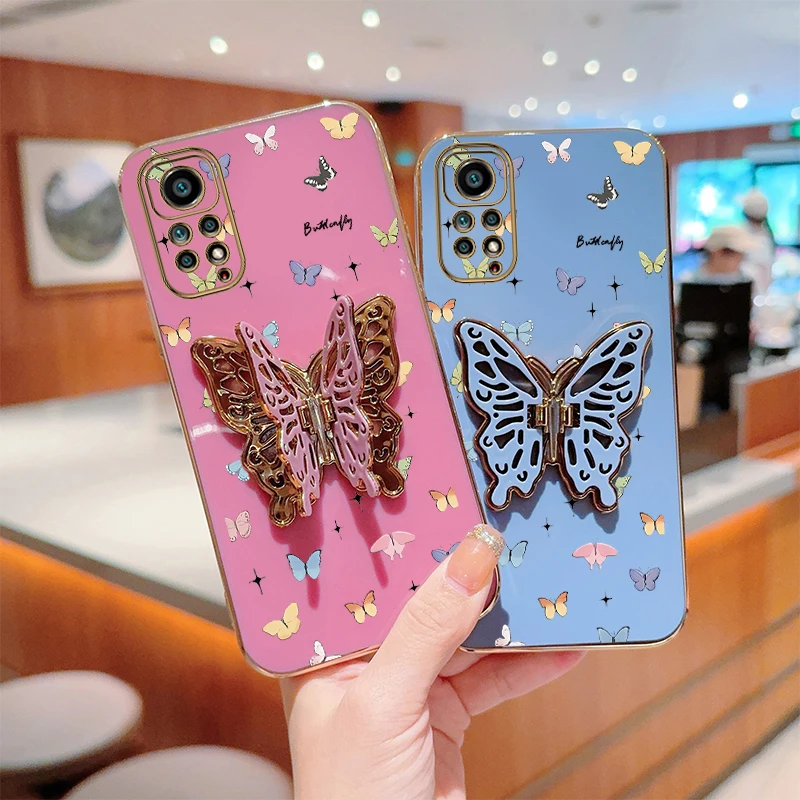 N ote 11 Little Butterfly Plating Holder Phone Case For Xiaomi Redmi Note 11S 11TPro 11EPro 10T 11Pro 11T 11SE 12R 12S 12 Cover