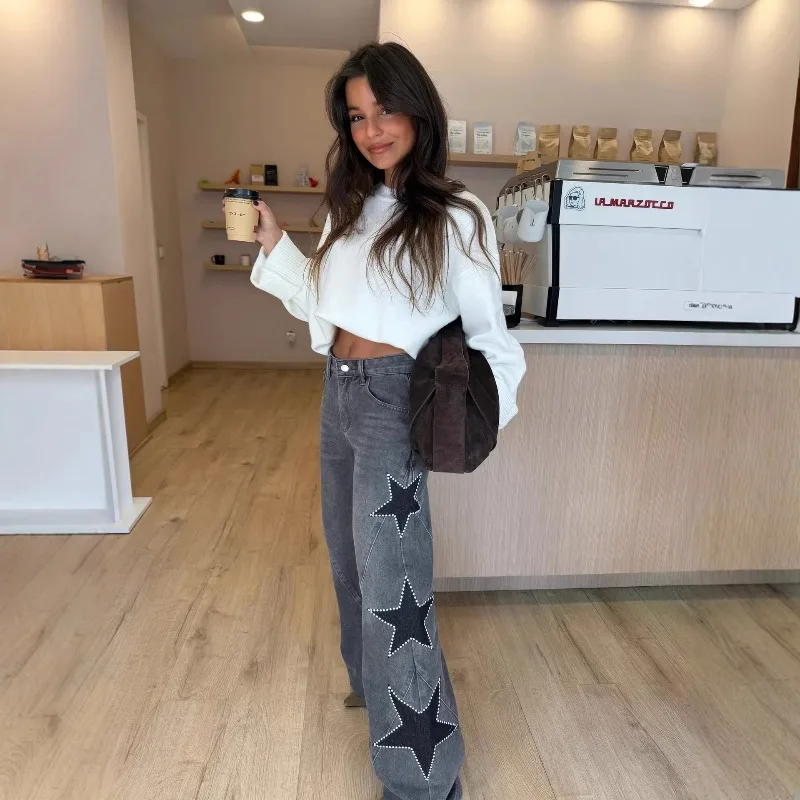 Trousers Straight-leg Trousers Jeans Women Retro Y2K Five-pointed Star Loose-fitting New Minimalist Casual Versatile Distinctive
